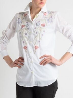 fig and flower White Floral Long Sleeve Blouse With Embroidery Women's New